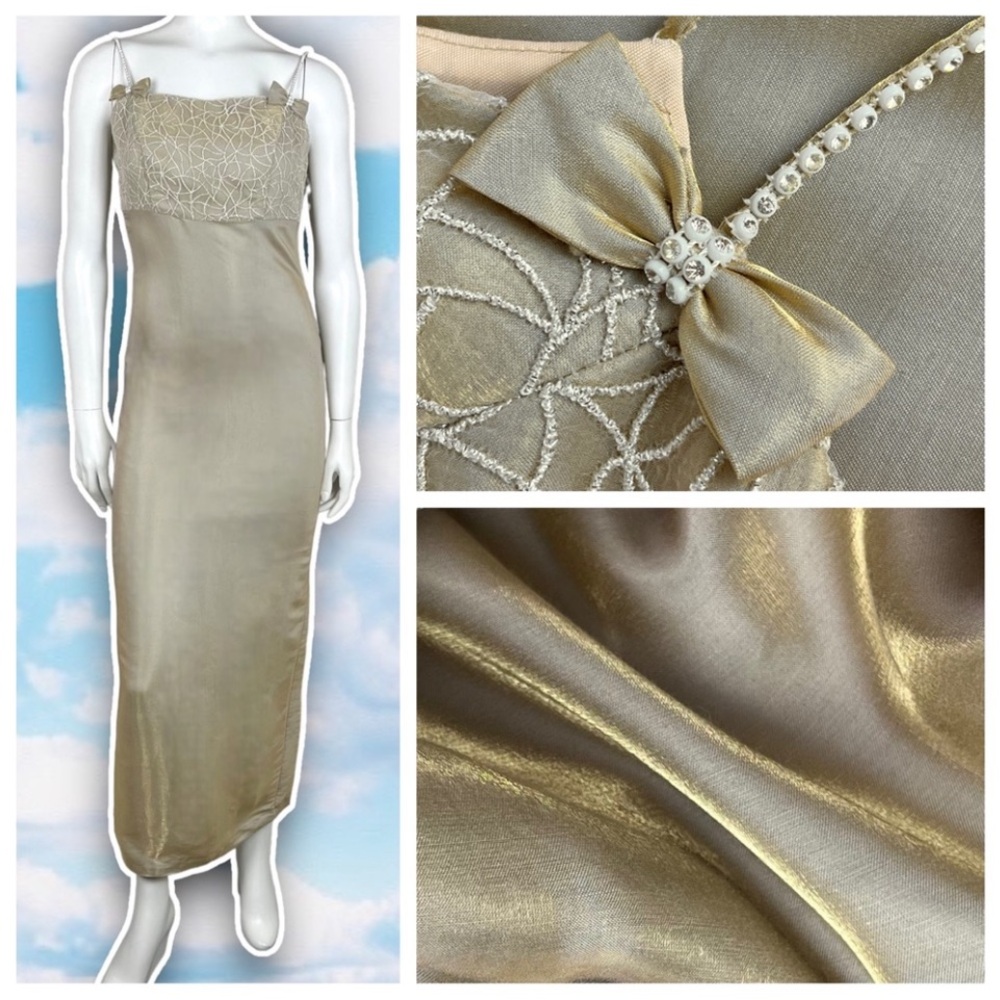 VINTAGE Y2K 90s Handmade Metallic Silky Bow Strap Prom Dress Homecoming 2000s